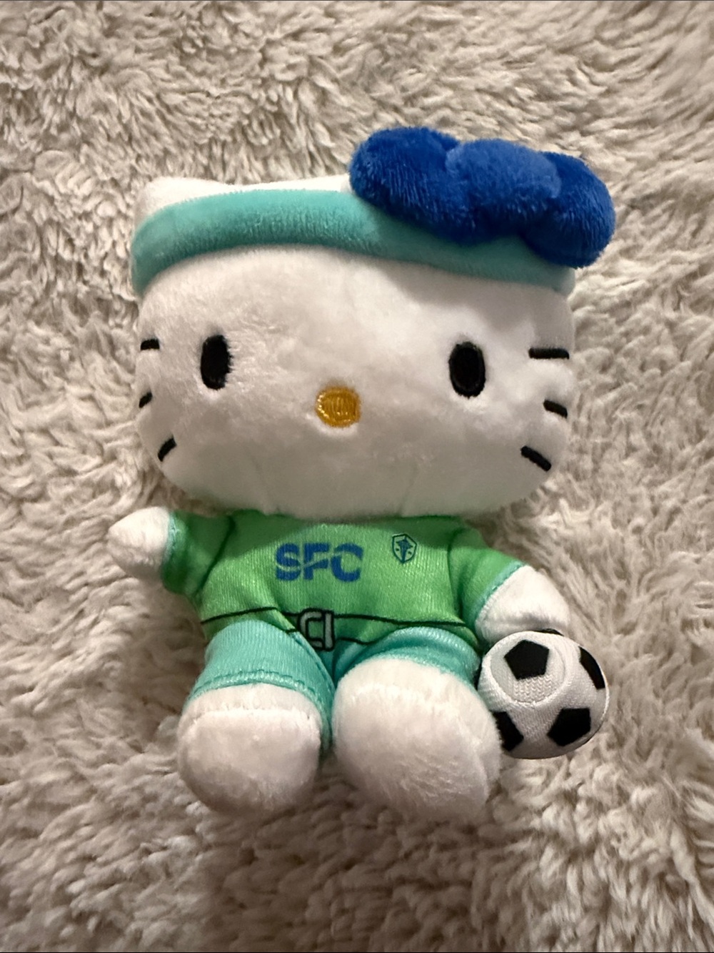 Hello Kitty Plush in White, Green & Blue Soccer Outfit